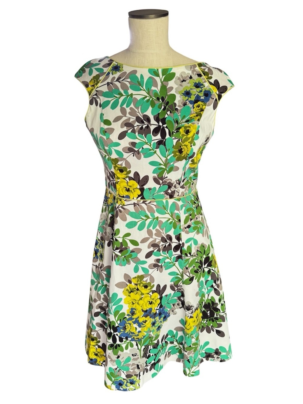 LONDON STYLE Collection Green Mod Floral A-Line Cap Sleeve Dress Sz 8
